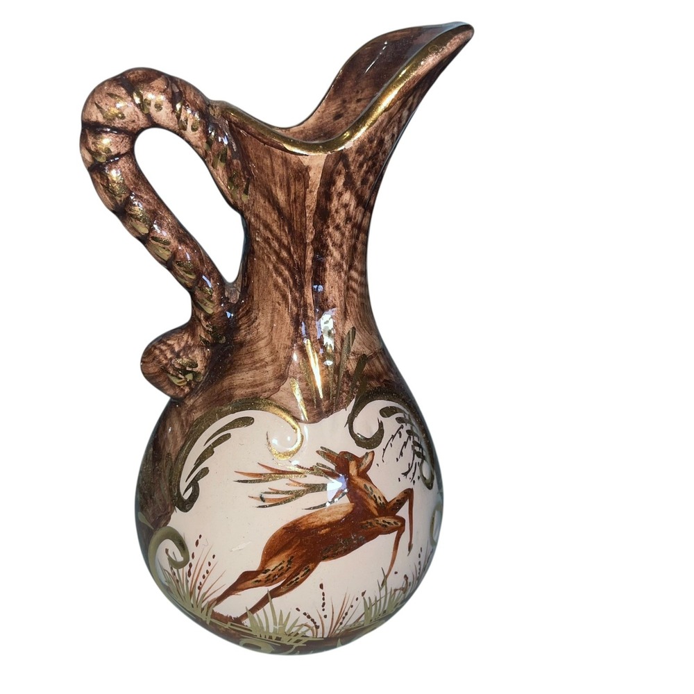 Vintage Hand Painted Ceramic Pitcher Deer Hunting Scene – Gold Trim Rustic Cabin